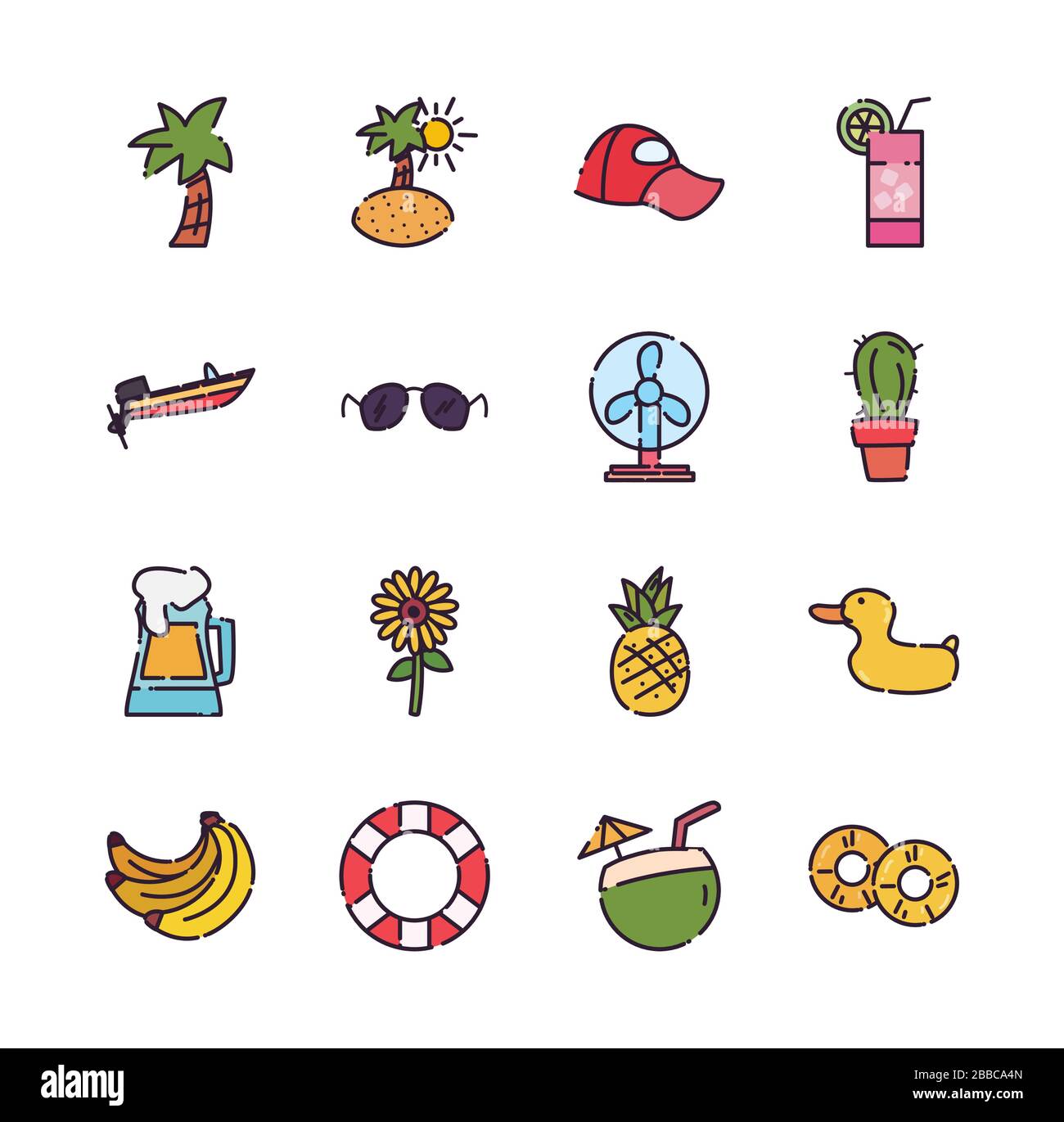 fill style icon set design, Summer vacation tropical relaxation outdoor ...
