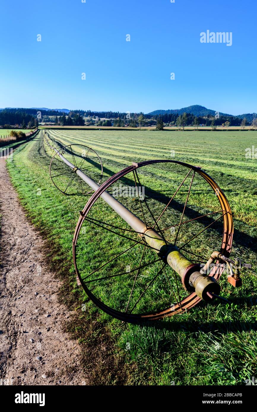 An irrigation water wheel on a farm in Cowichan Bay, British Columbia. Stock Photo
