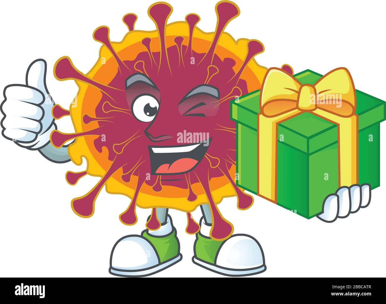Cheerful spreading coronavirus cartoon character holding a gift box Stock Vector