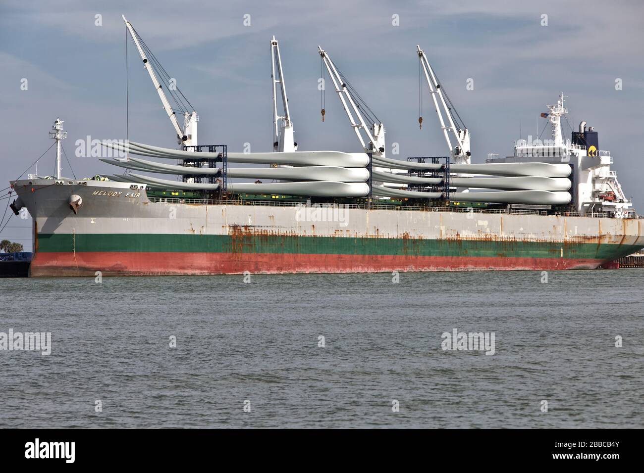 Giant Wind Turbine Propeller Blades preparing to offload  from freighter,   Port Aransas, Texas, Stock Photo