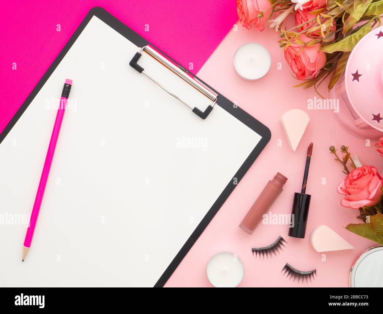 Clipboard And Makeup Tools And Cosmetic Products And Roses Flowers Around It Isolated On A Pink And Peach Color Background Flat Lay Top View Copy Sp Stock Photo Alamy