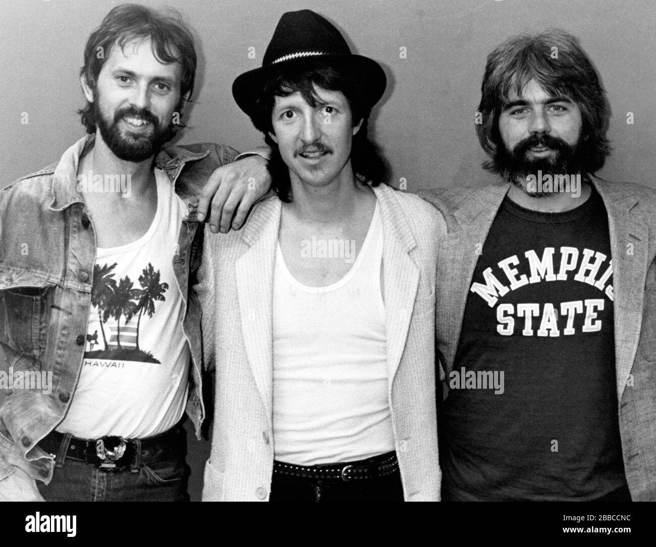Keith Knudsen,  Patrick Simmons & Michael McDonald of The Doobie Brothers in Philadelphia before a gig on their Farewell Tour.  August, 1982.  Credit: Scott Weiner / MediaPunch Stock Photo