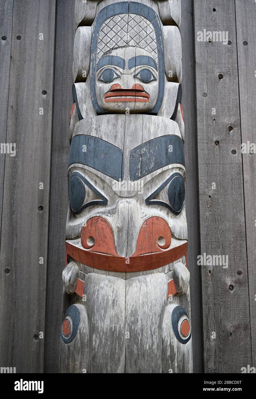 Sgang Gwaay details, by Tim Boyko at Haida Heritage Centre at Kay Llnagaay, Skidegate, Haida Gwaii, Formerly known as Queen Charlotte Islands, British Columbia, Canada Stock Photo