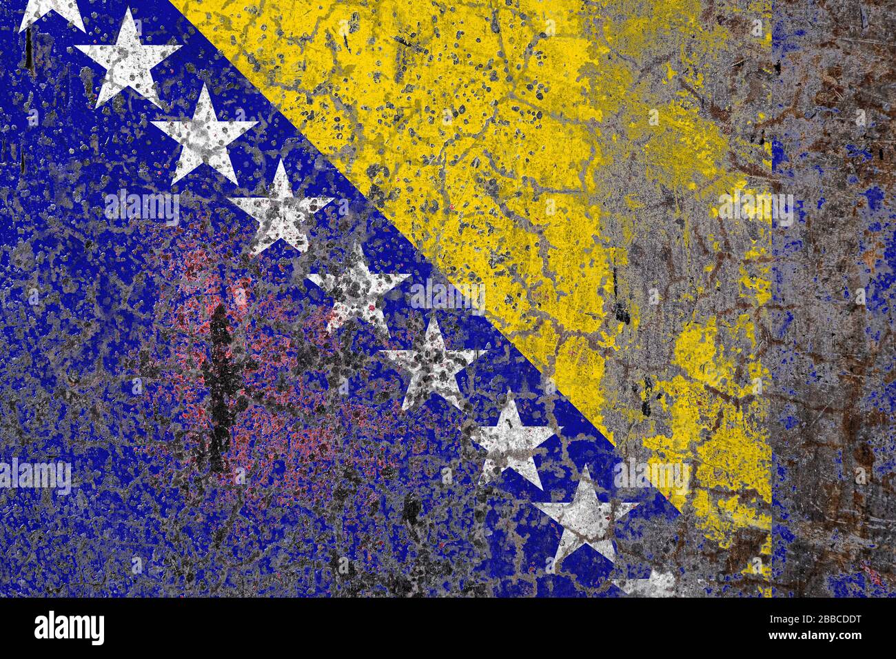 National flag of Bosnia Herzegovina on old peeling wall background.The ...