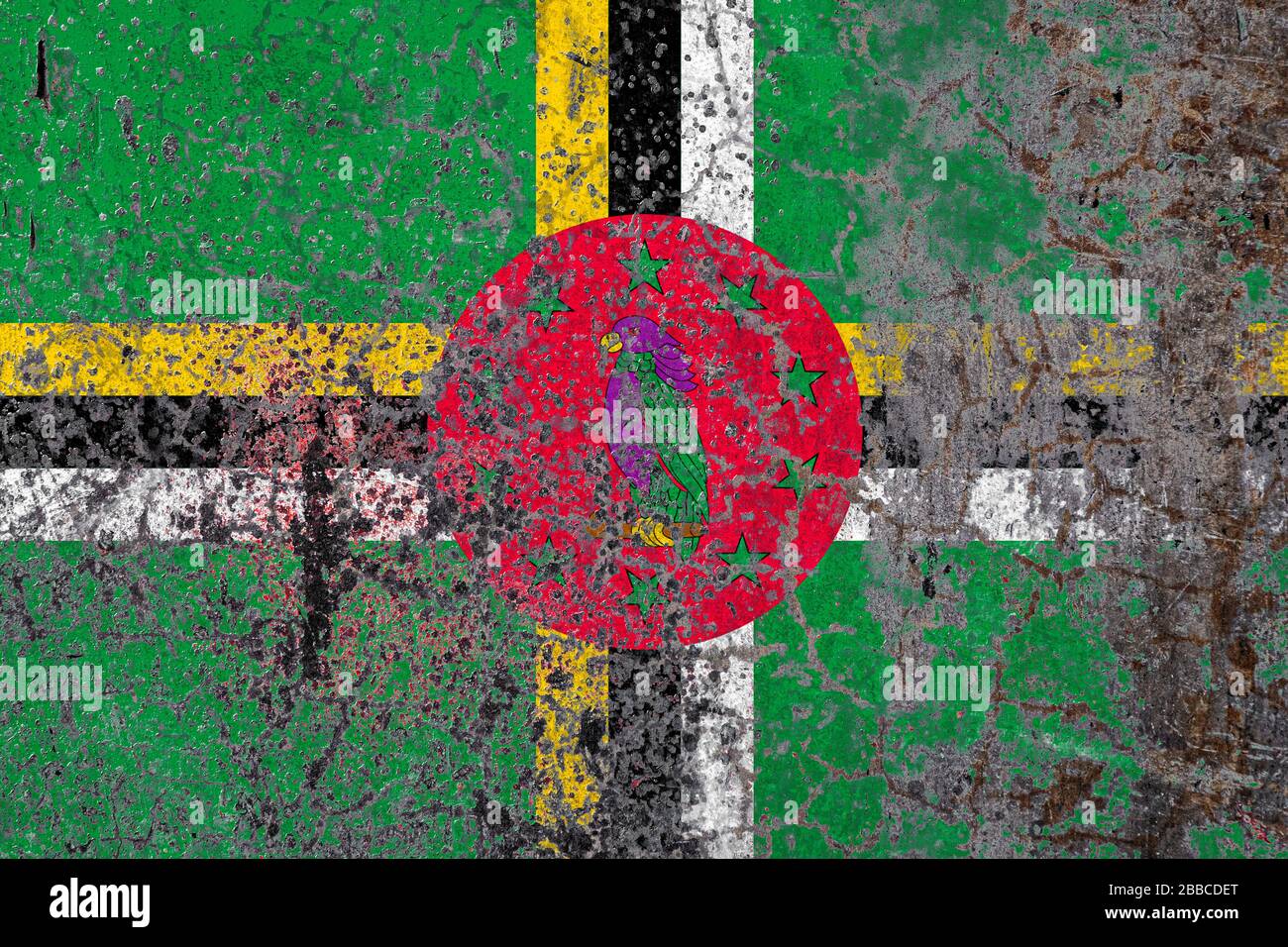 National flag of Dominica on old peeling wall background.The concept of ...