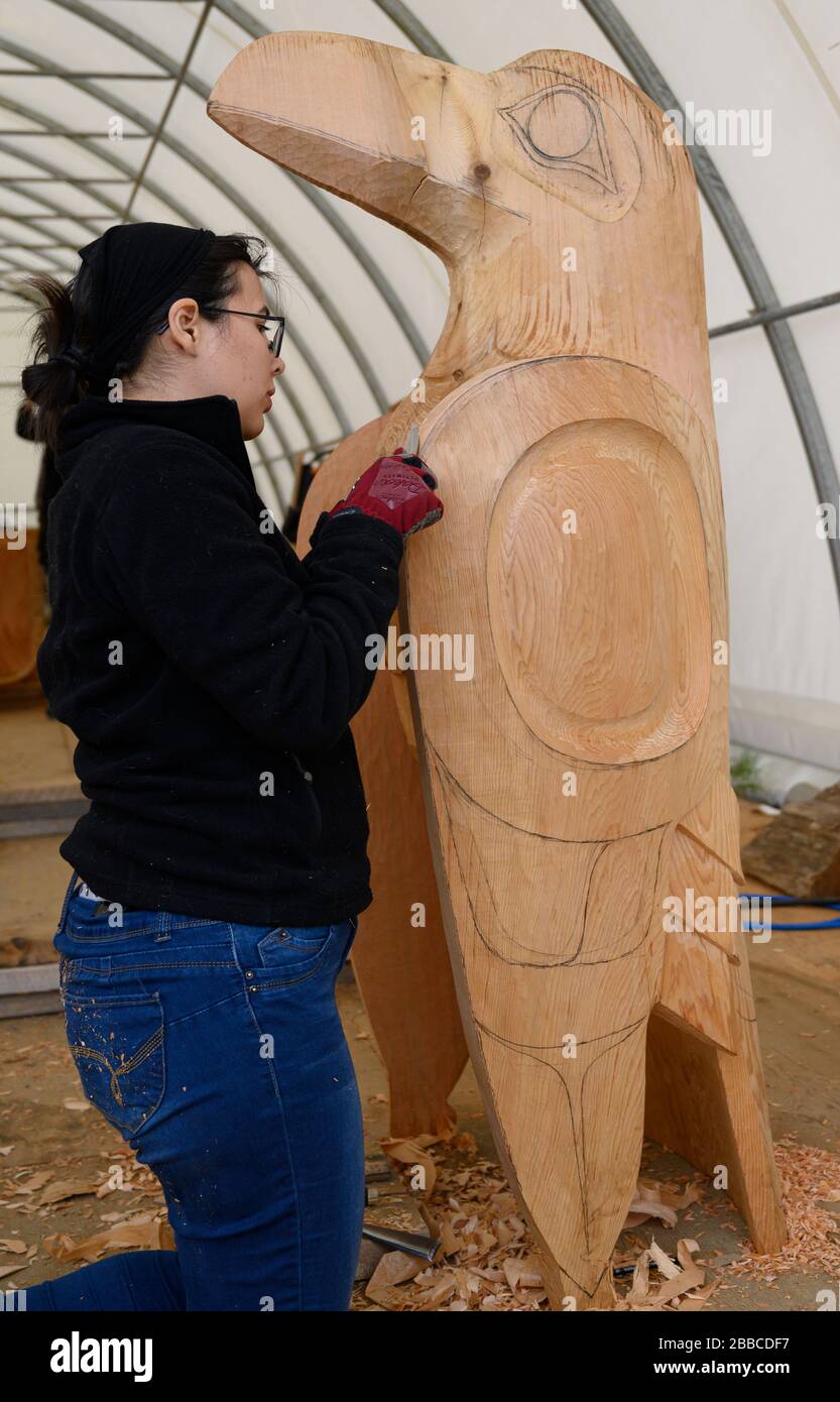 Work in progress at Jiom Hart carving shed, Haida Gwaii, Formerly known