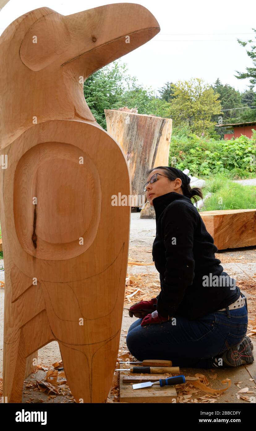 Work in progress at Jiom Hart carving shed, Haida Gwaii, Formerly known