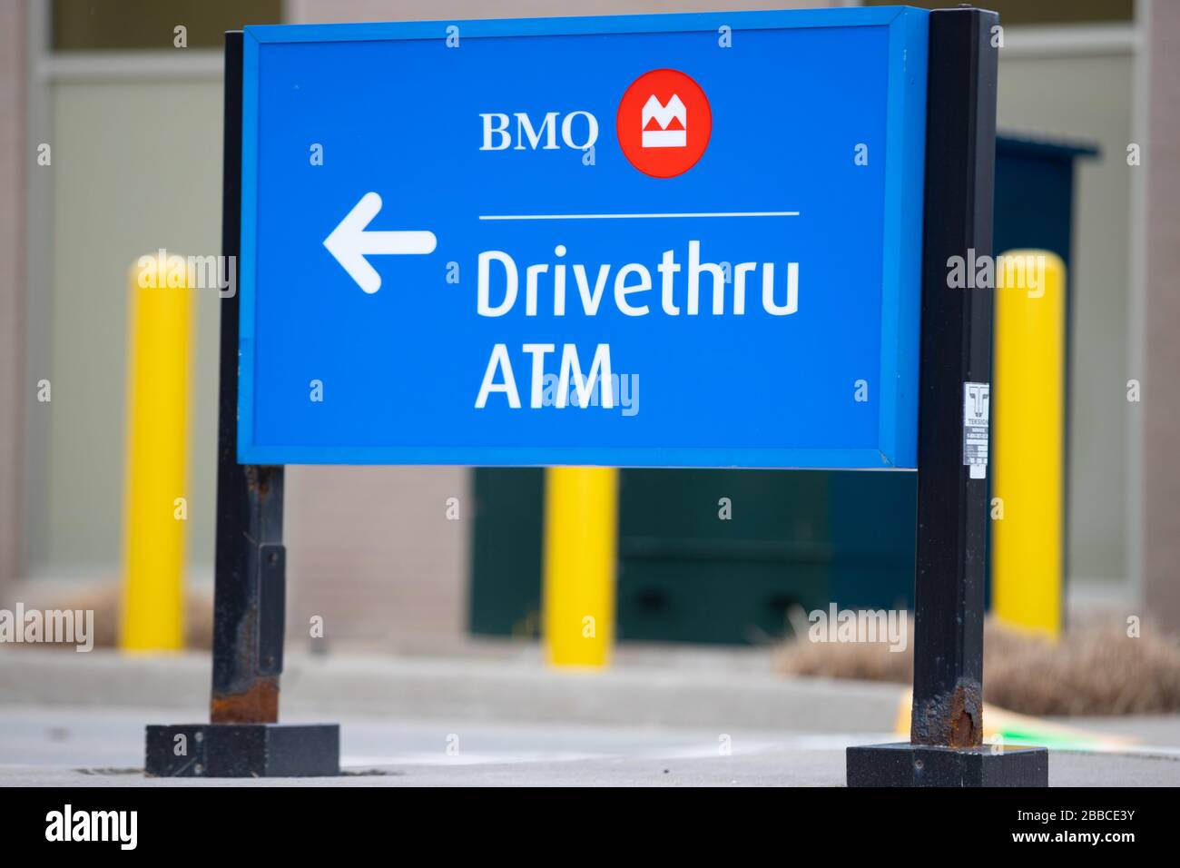 Close up of a sign showing BMO drive-thru ATM. Bank of Montreal is a Canadian multinational bank. Stock Photo