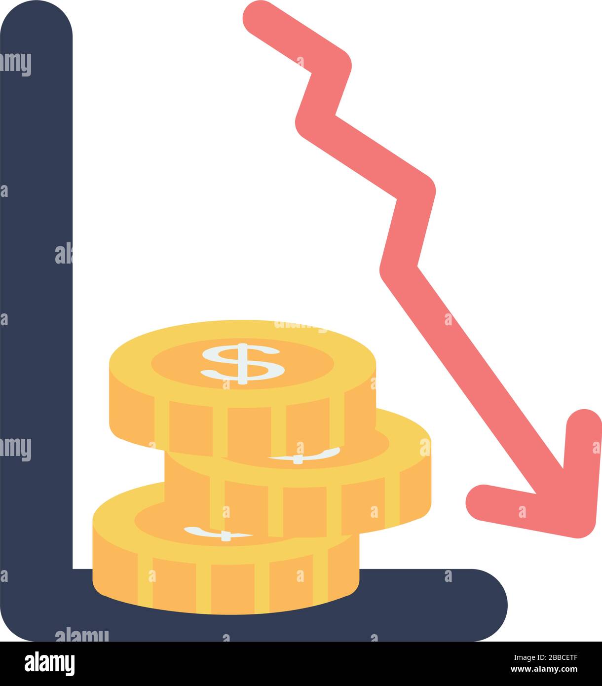 graphic chart with financial arrow down and money coins icon over white ...