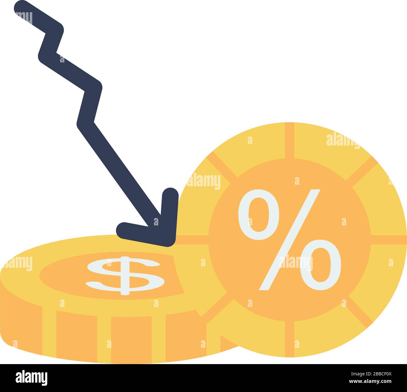 stock market concept, descending financial arrow and money coins icon ...