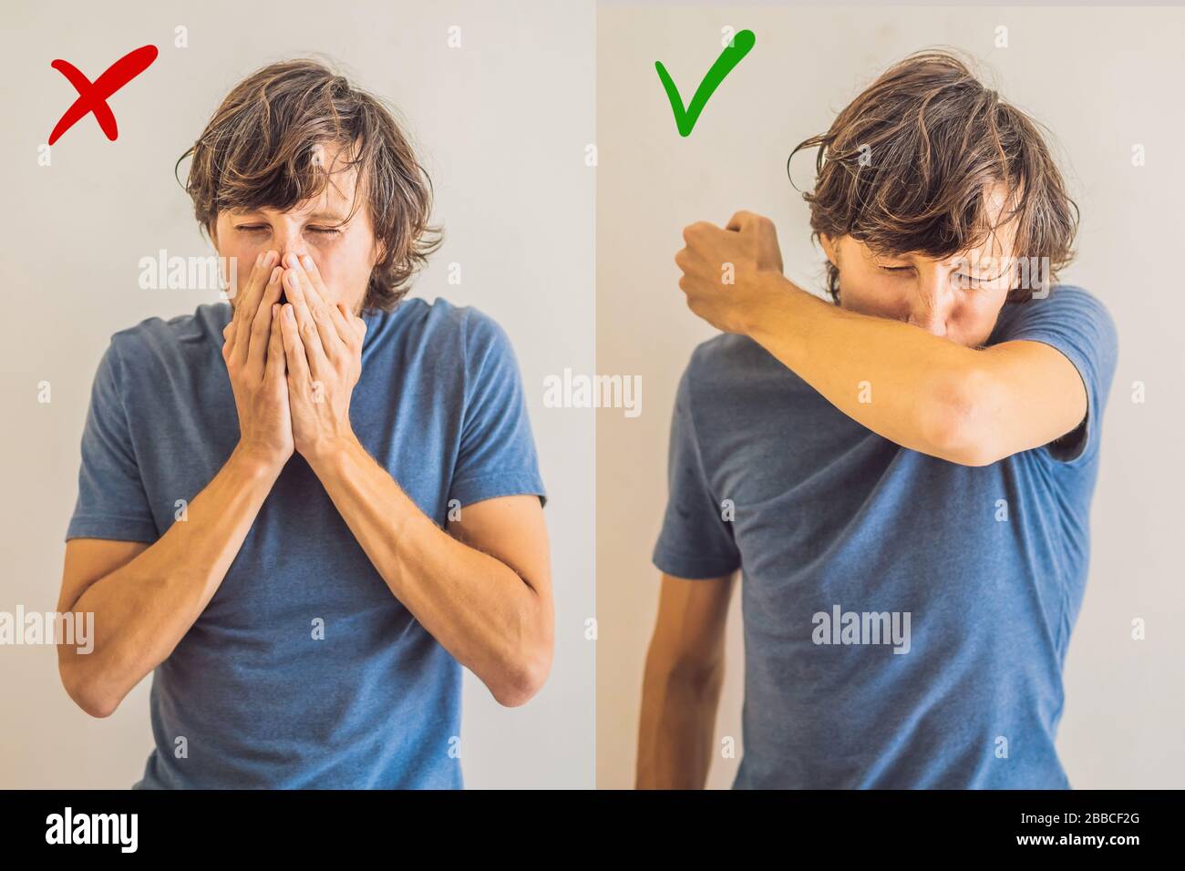 Comparison between wrong and right way to sneeze to prevent virus infection. Caucasian woman
