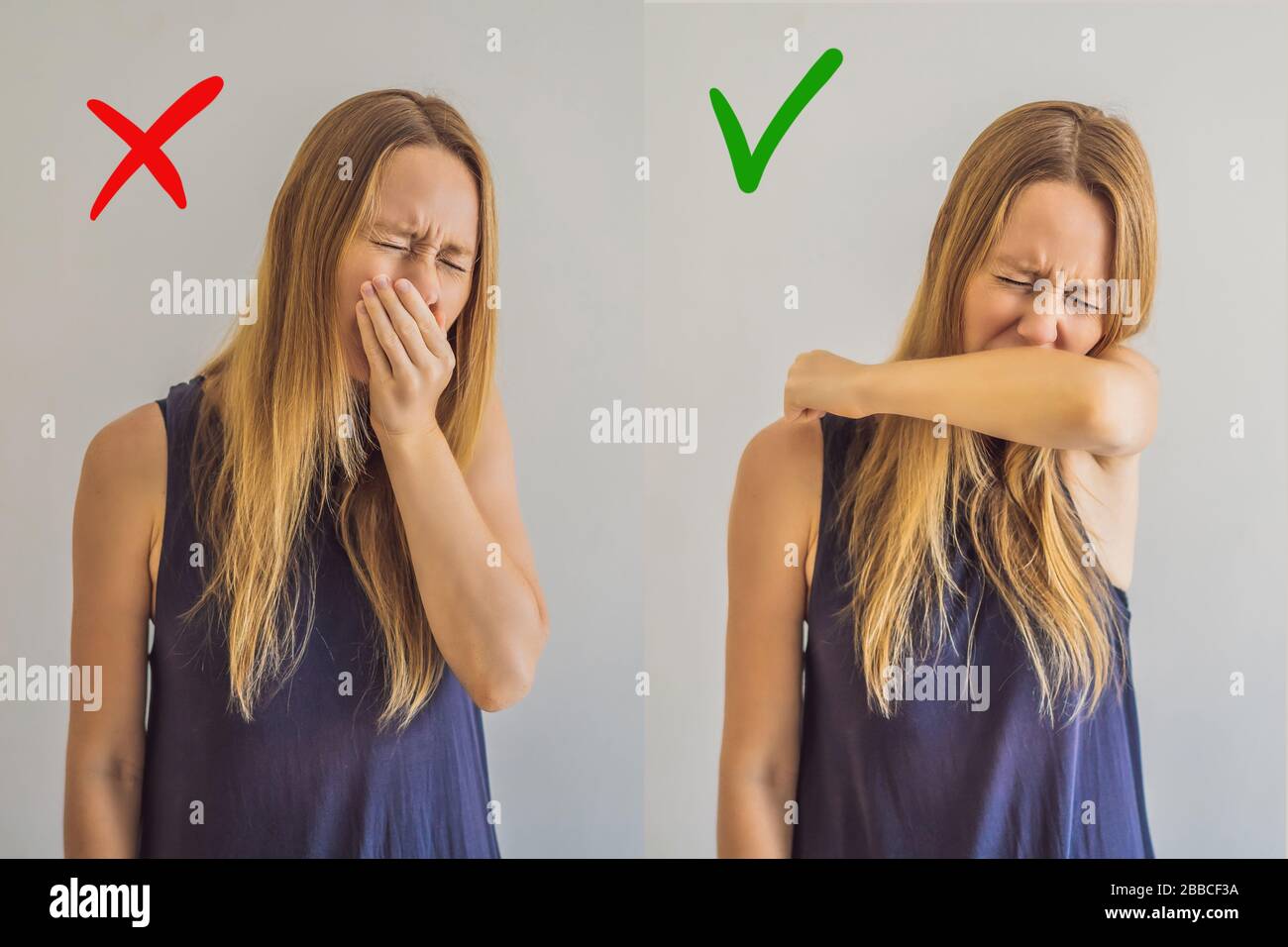 Comparison between wrong and right way to sneeze to prevent virus