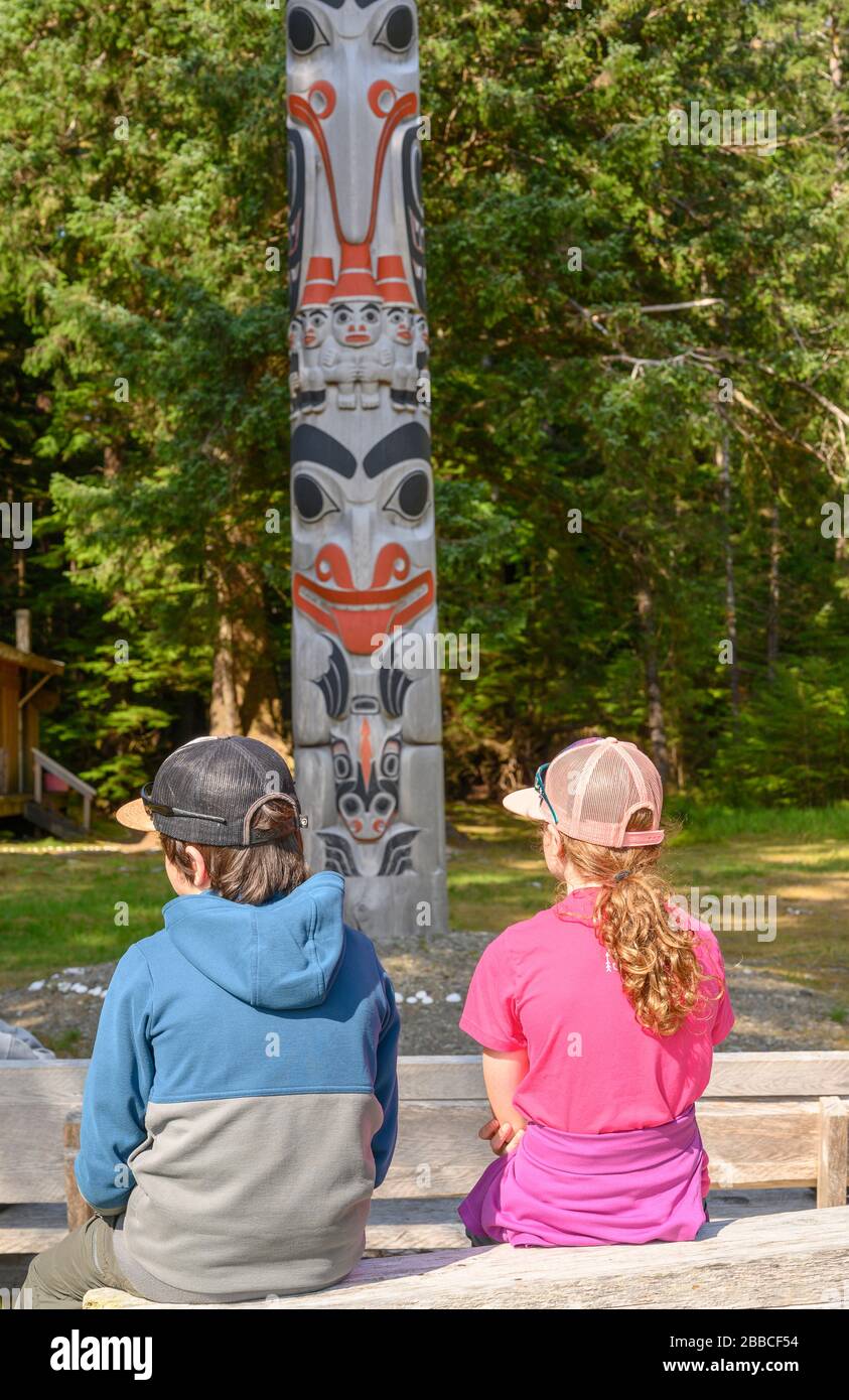 Gwaii Haanas Legacy Pole by Jaalen Edenshaw, at Windy Bay, Gwaii Haanas National Park Reserve, Haida Gwaii, Formerly known as Queen Charlotte Islands, British Columbia, Canada Stock Photo