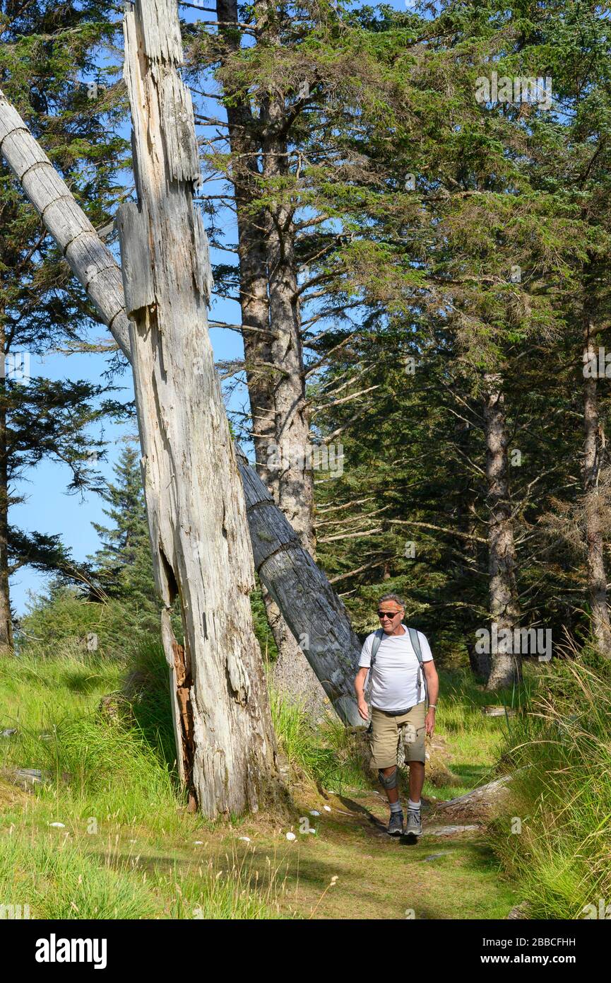 Visitors explore around Old Haida Poles at Skedans, also known as Koona or Ḵ'uuna Llnagaay, Haida Gwaii, Formerly known as Queen Charlotte Islands, British Columbia, Canada Stock Photo