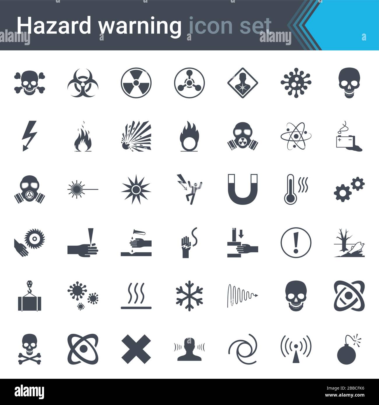 Hazard warning signs. Set of signs warning about danger. 42 high quality hazard symbols and elements. Danger icons. Vector illustration. Stock Vector