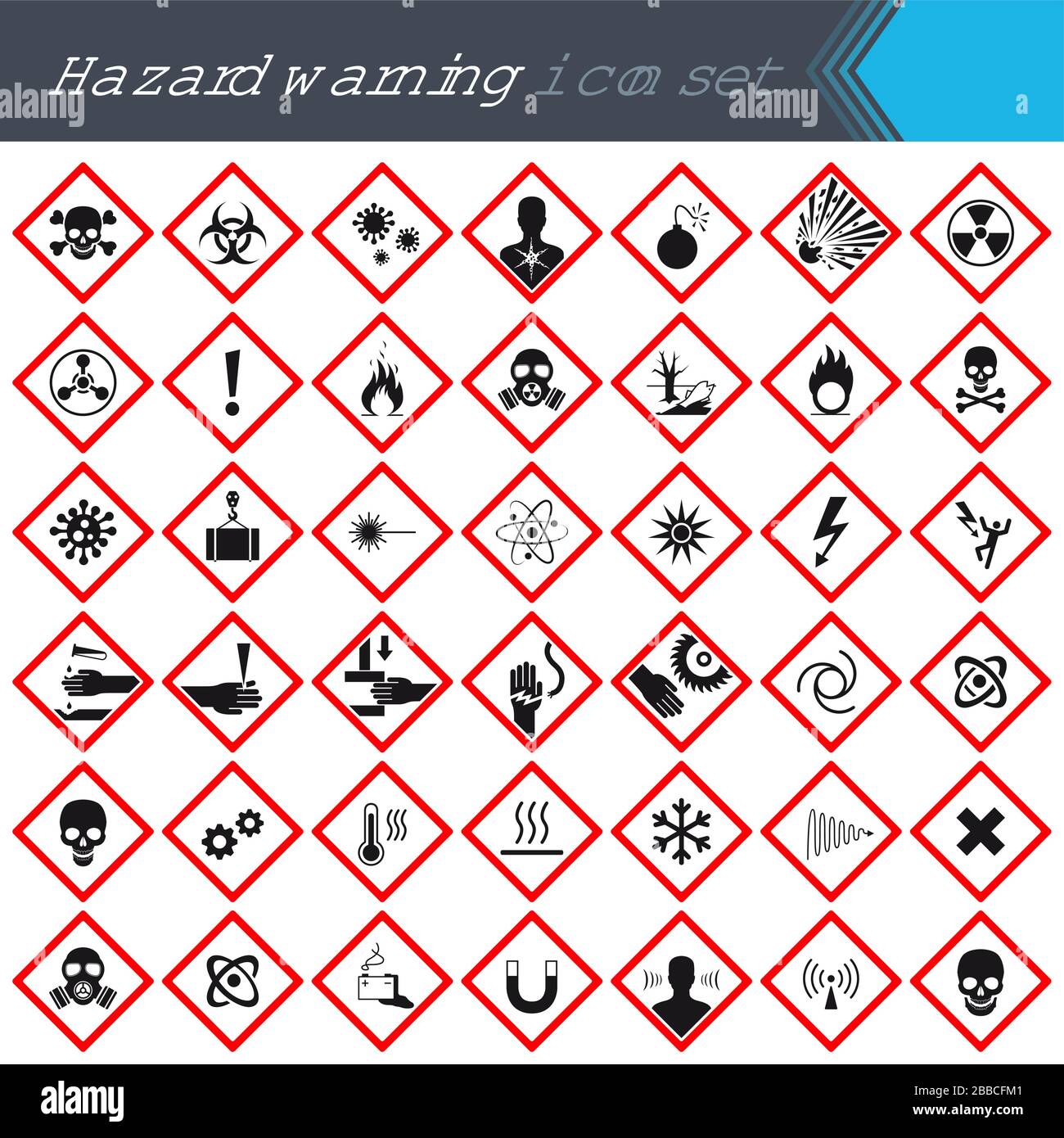 Hazard warning signs on red squares. Set of signs warning about danger. 42 high quality hazard symbols and elements. Danger icons. Vector illustration Stock Vector