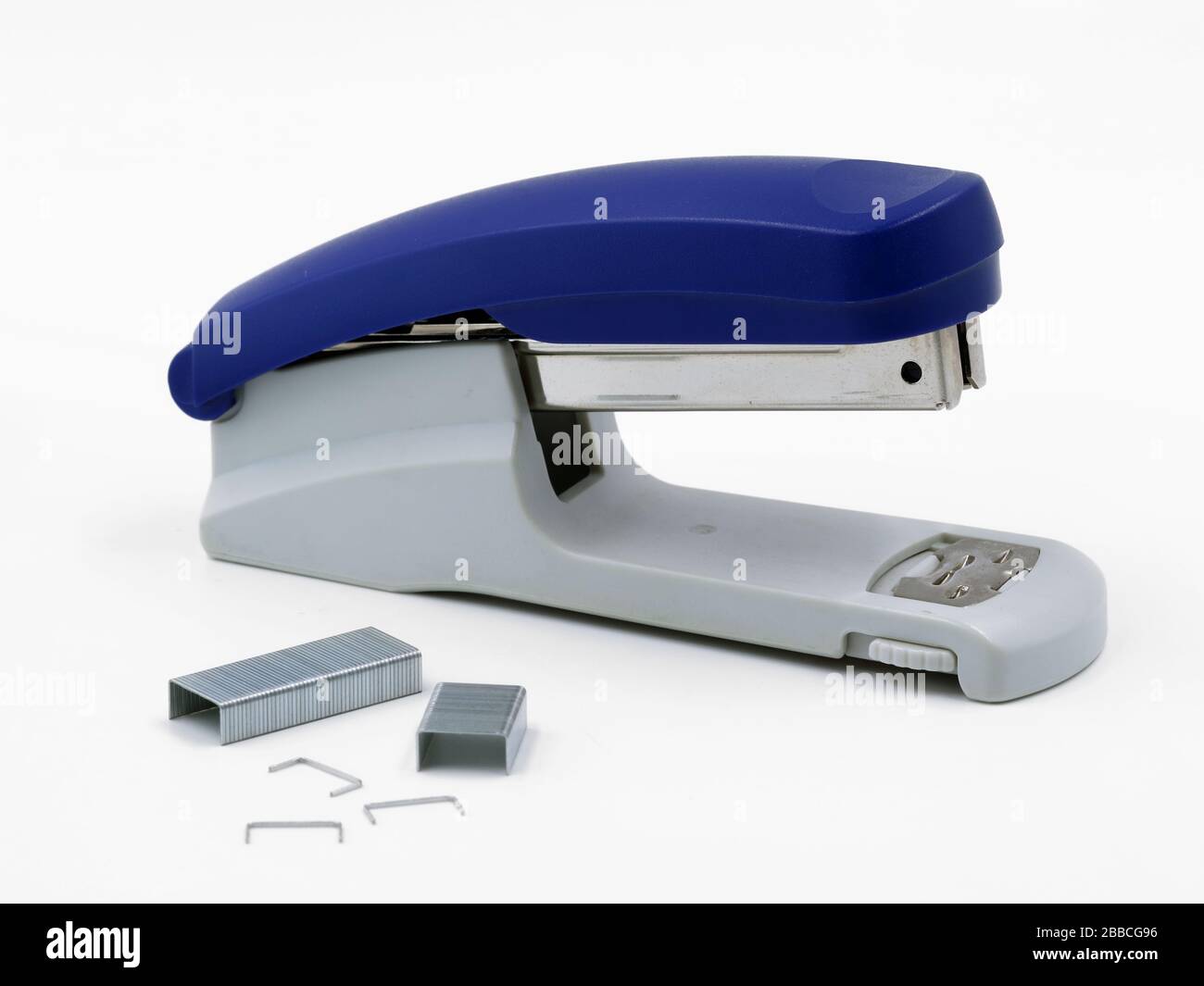 Blue stapler with staples isolated on a white background Stock Photo