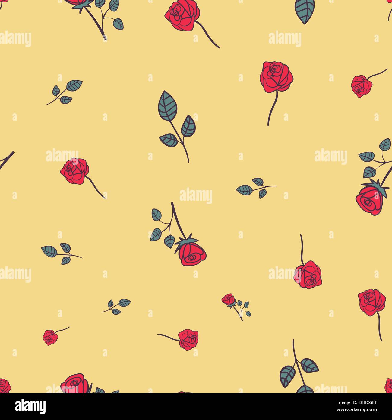 red roses on yellow seamless vector pattern Stock Vector