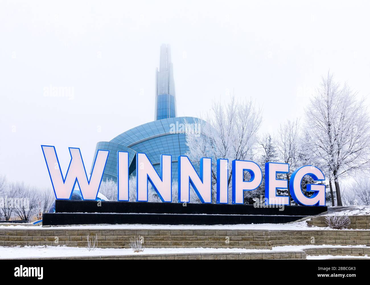 Canadian Museum for Human Rights and the Winnipeg sign at The Forks, Winnipeg, Manitoba, Canada. Stock Photo