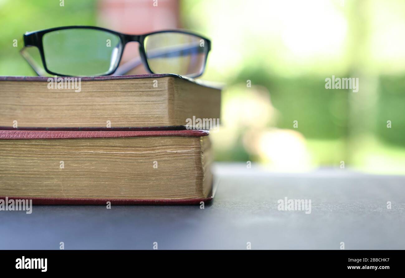 Stack of books with green nature background. Home school or study concept. Copy space. Stock Photo