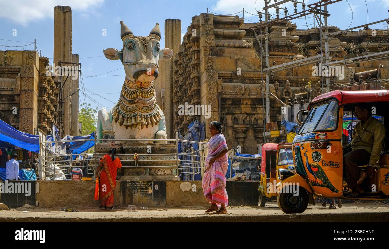 Madurai, India - March 2020: People walking around the blue Nandi in front of the entrance of the Pudhu Mandapa on March 10, 2020 in Madurai, India. Stock Photo