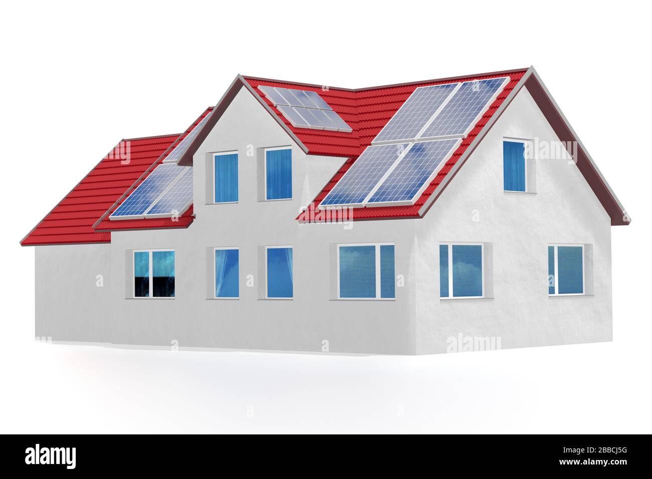 House with solar panels installed on a roof. 3D rendering Stock Photo