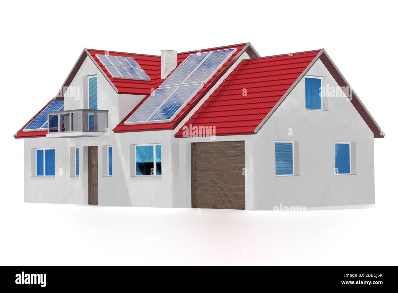 House with solar panels installed on a roof. 3D rendering Stock Photo