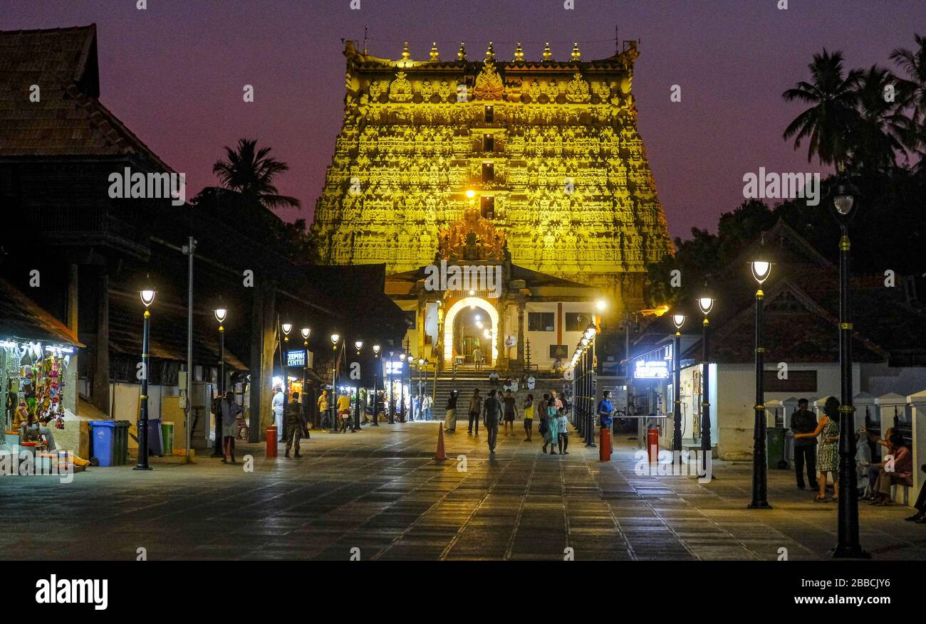 Thiruvananthapuram, India - March 2020: People walking around the Shri Padmanbhaswamy temple on March 14, 2020 in Thiruvananthapuram, India. Stock Photo