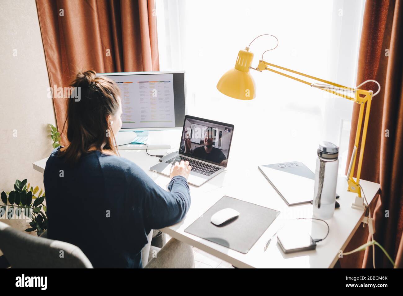 man and woman have conversation online. home office. telework. freelance concept Stock Photo