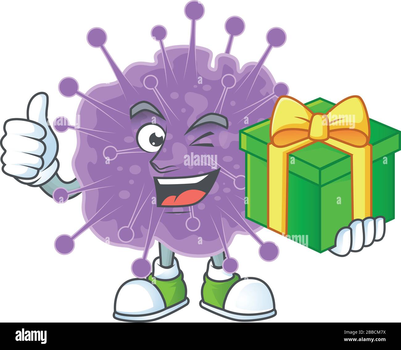 Cheerful coronavirus influenza cartoon character holding a gift box Stock Vector