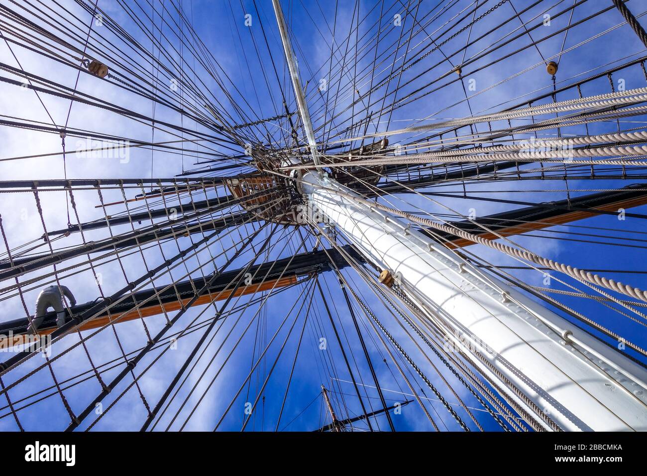 Old naval ship mast and sail ropes detail Stock Photo