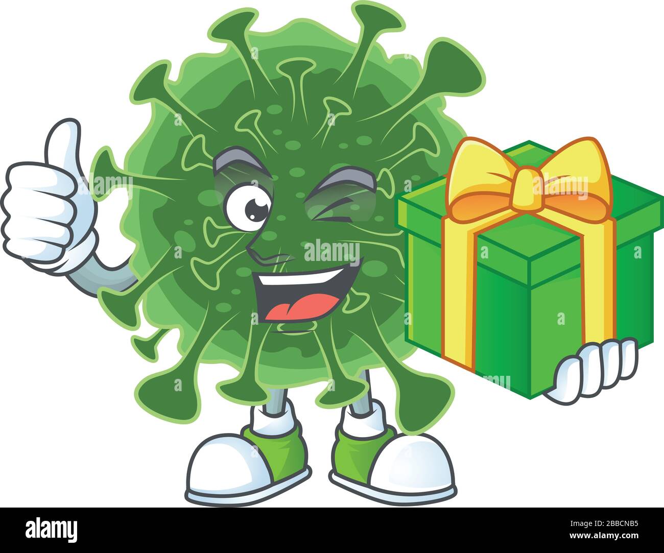 Cheerful wuhan coronavirus cartoon character holding a gift box Stock Vector