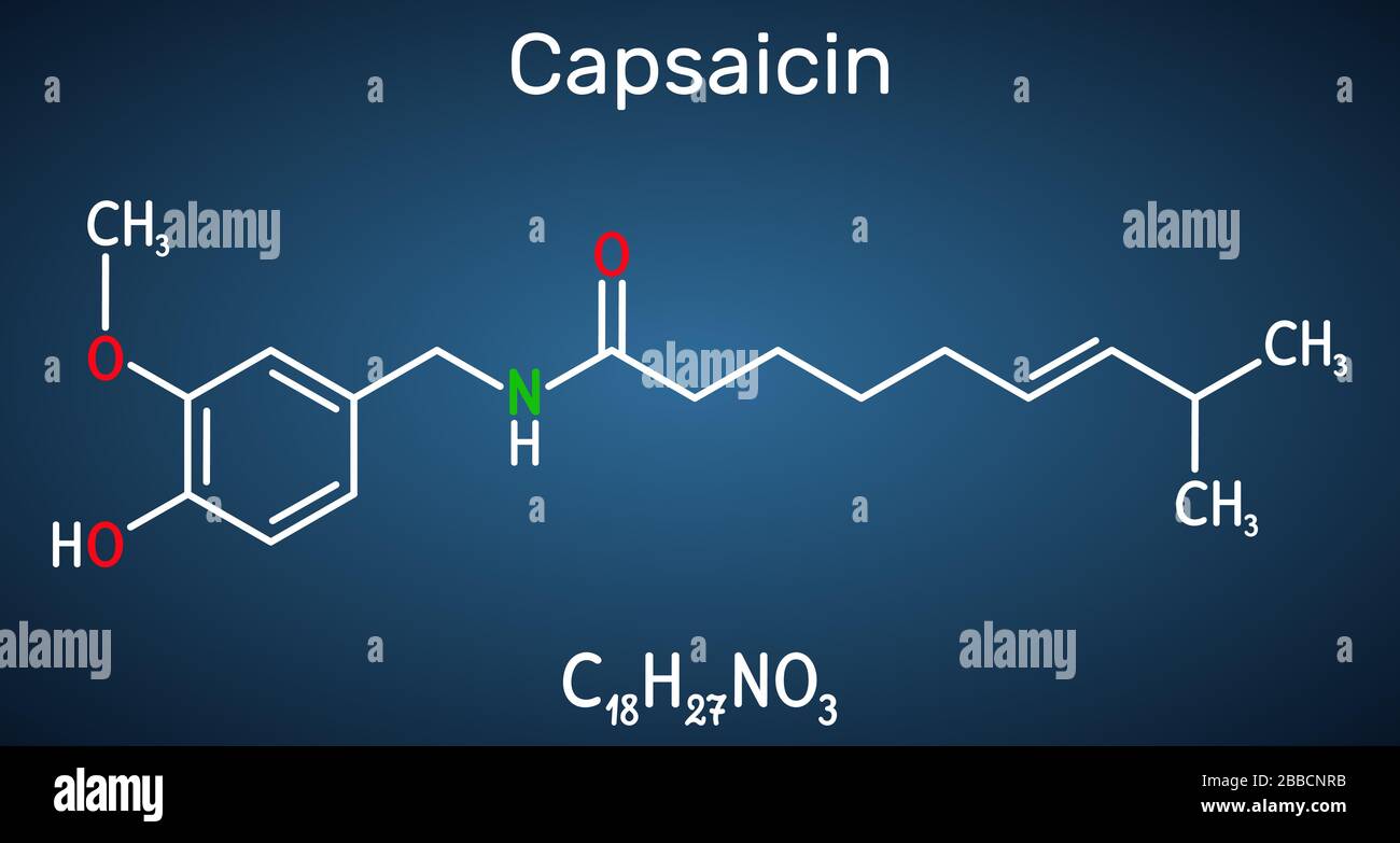 Capsaicin, alkaloid, C18H27NO3 molecule. It is chili pepper extract