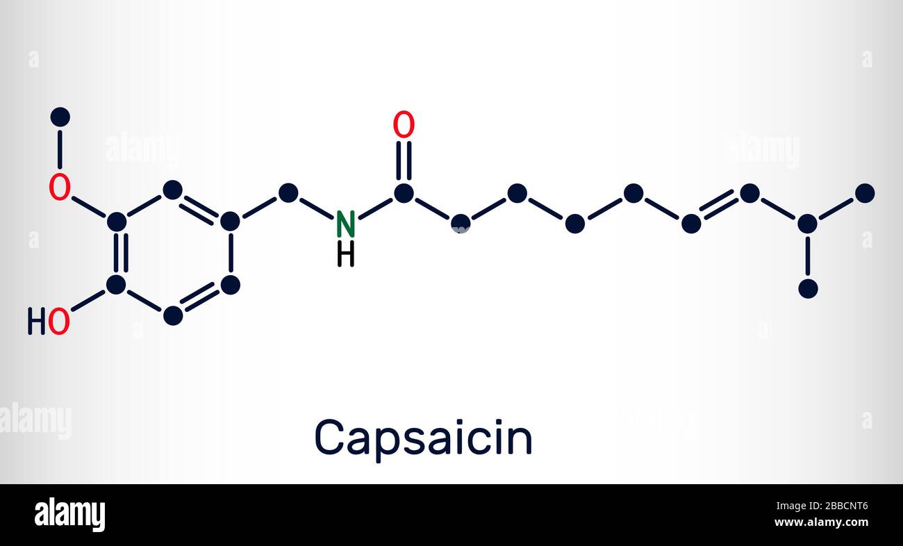 Capsaicin, alkaloid, C18H27NO3 molecule. It is chili pepper extract