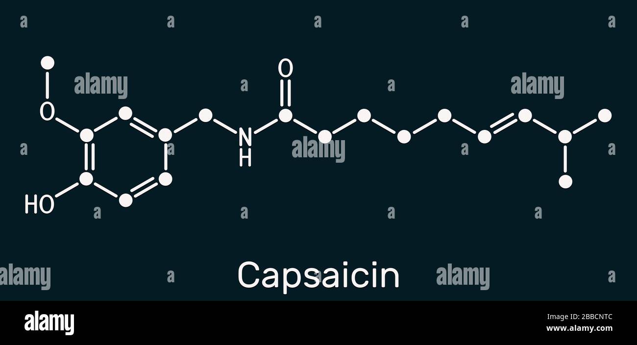 Capsaicin, alkaloid, C18H27NO3 molecule. It is chili pepper extract