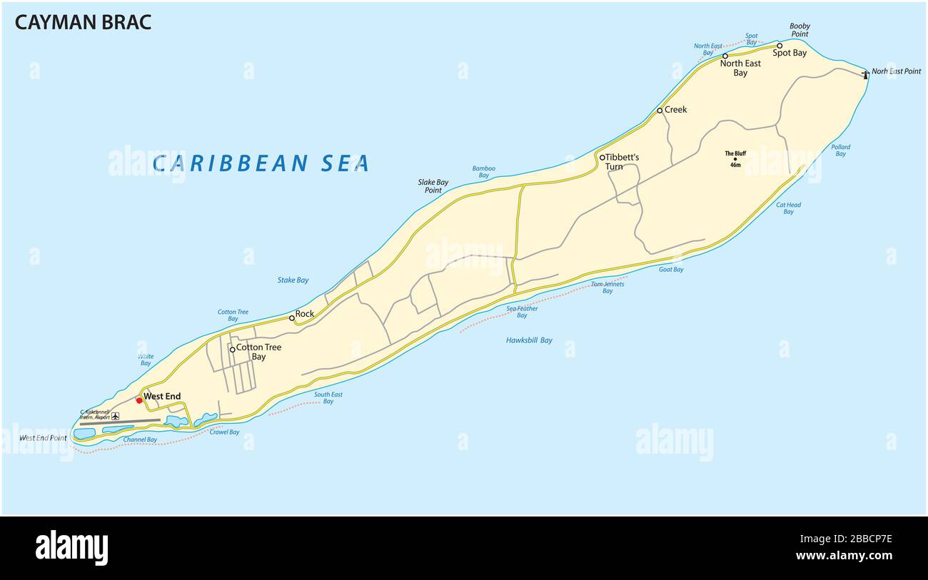 Map of Cayman Brac, an island in the Cayman Islands, UK Stock Vector