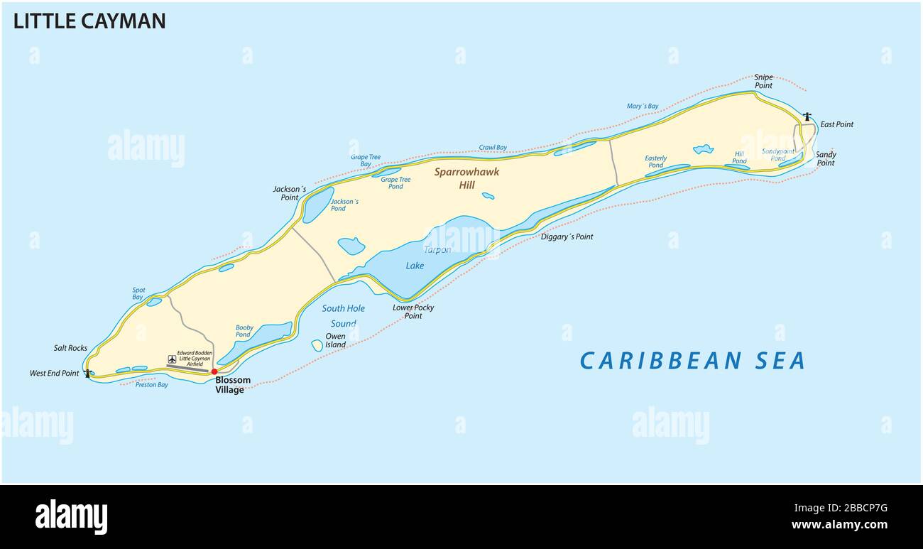 Map of Little Cayman, an island in the Cayman Islands, UK Stock Vector