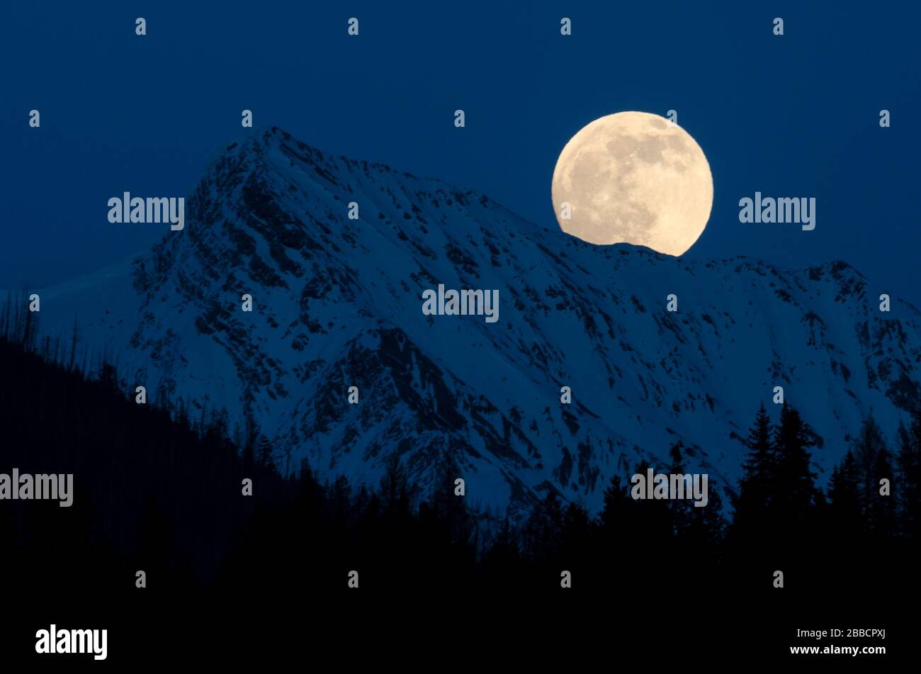 Full moon over the Canadian Rockies near Canal Flats, British Columbia Stock Photo