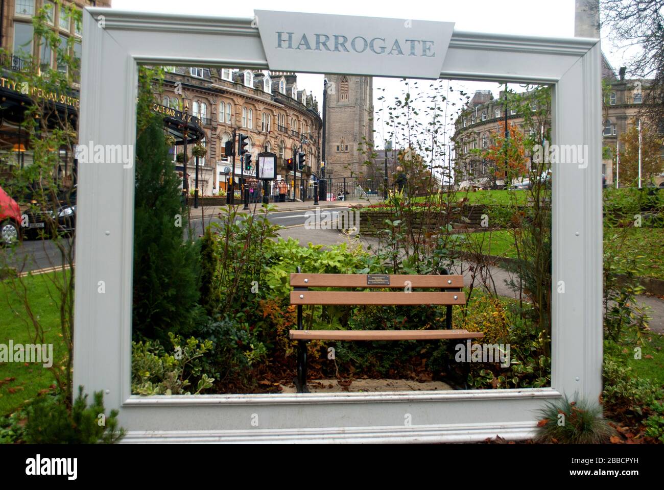View of Harrogate through huge picture frame, Montpellier Gardens