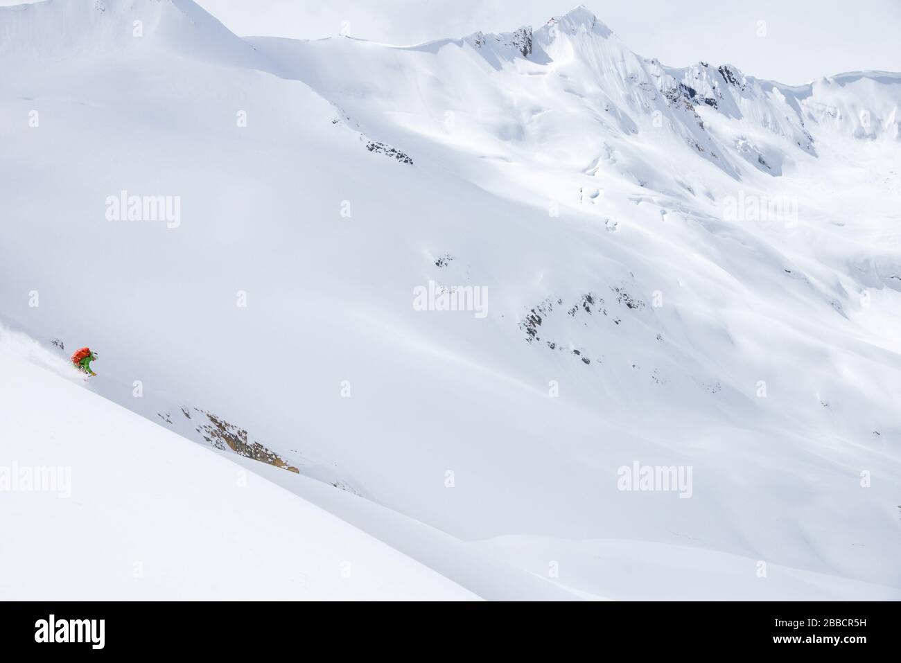 A skier on a powdery descent on the Farnham Glacier in the Jumbo Valley, British Columbia Stock Photo