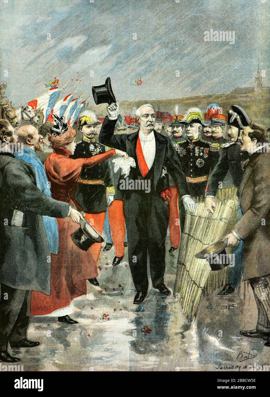 Engraving - The President of the French Republic Felix Faure cheered by the crowd on March 28, 1895 at the Sathonay camp after his visit to the army - Private Collection Stock Photo