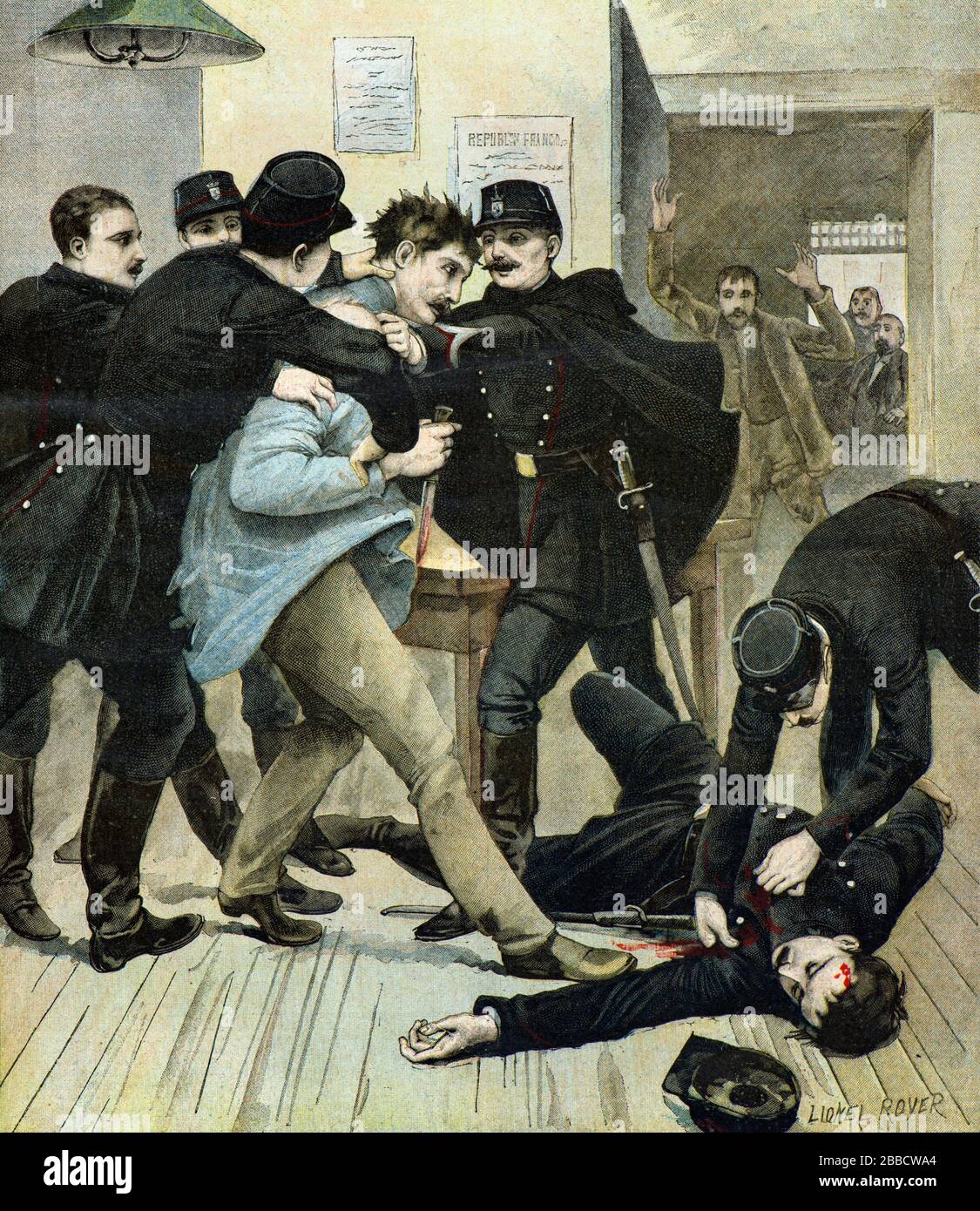 Royer Lionel ( 1852 - 1926 ) - Anarchist Le Gagneux assassinates a peacekeeper in the police station of the city of Pantin in 1895 - Private Collection Stock Photo