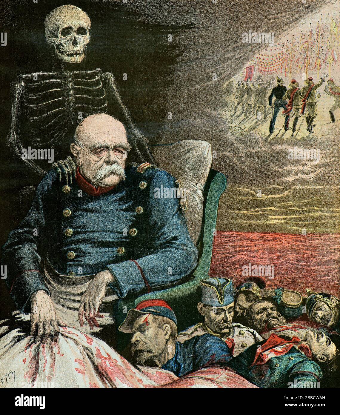 Meyer Henri ( 1841 - 1899 ) - Caricature portrait of Otto Von Bismarck, as he approaches death he contemplates the corpses of French soldiers - Private Collection Stock Photo