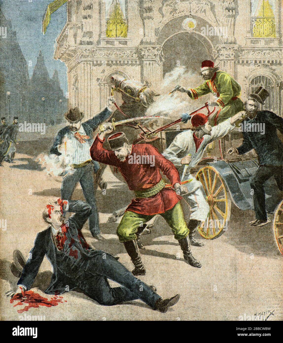 Meyer Henri ( 1841 - 1899 ) - July 15, 1895 in the streets of the city of Sofia, assassination of Mr. Stamboulof former head of the Bulgarian ministry - Private Collection Stock Photo