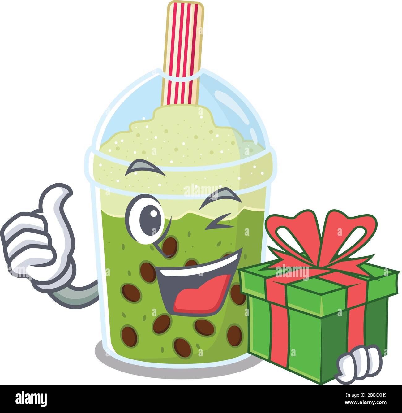 Smiley matcha bubble tea cartoon character having a gift box Stock