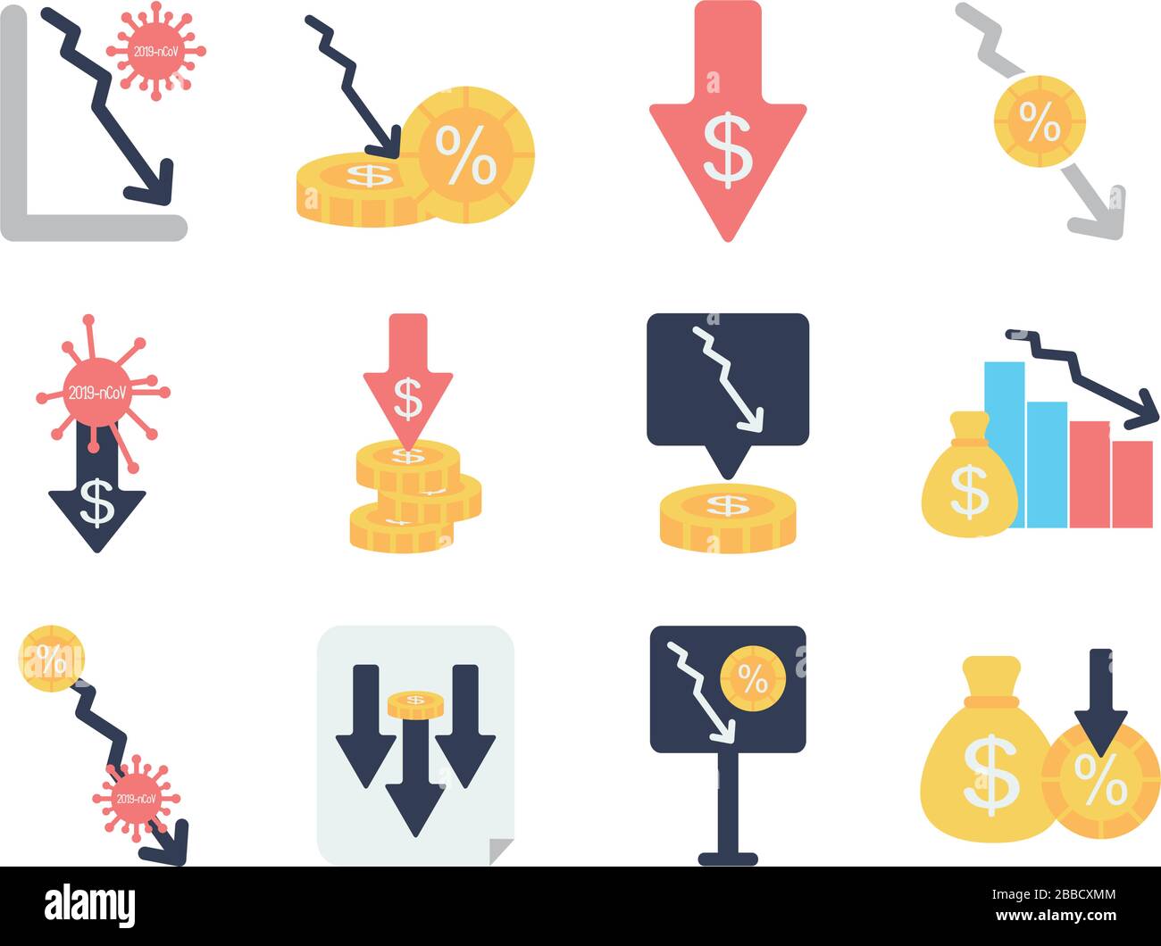 money and stock market crash icon set over white background, flat style ...