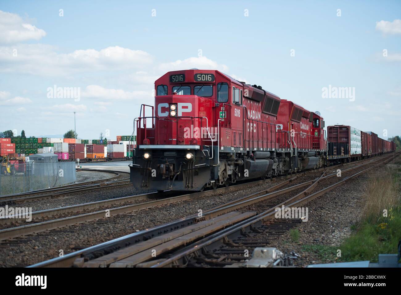 A CP (Canadian Pacific) train in Pitt Meadows, British Columbia, Canada Stock Photo