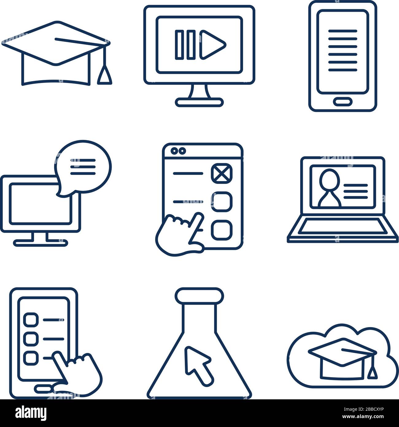 graduation cap and education online icon set over white background ...