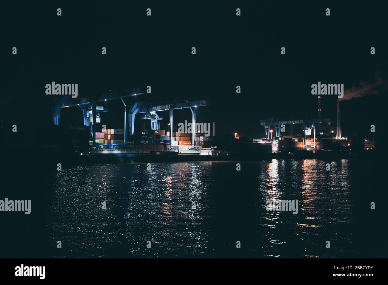 Cargo Port on the River Rhine at night Stock Photo