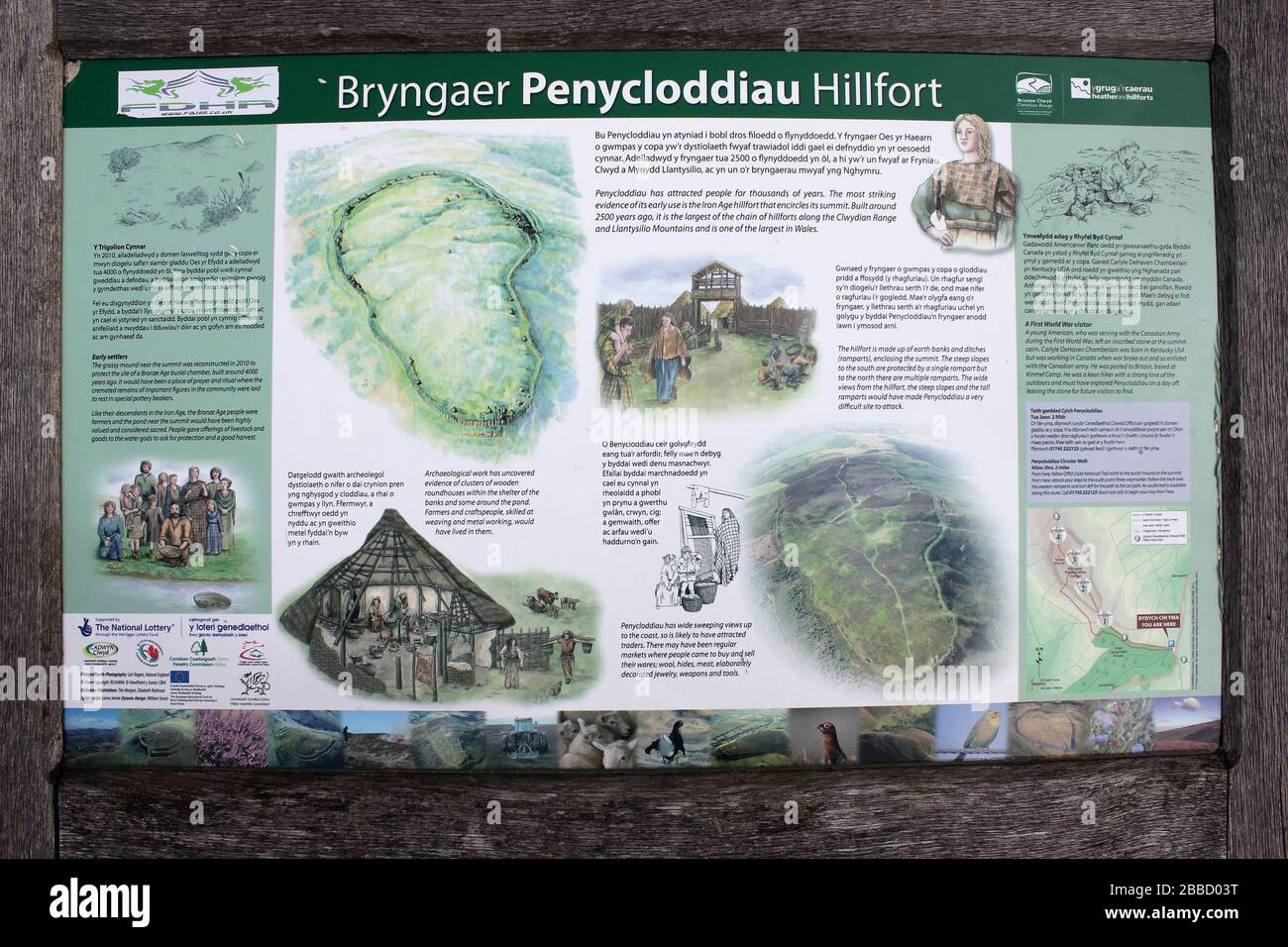 Penycloddiau Hillfort Sign, Clwydian's Range, Flintshire, Wales Stock Photo